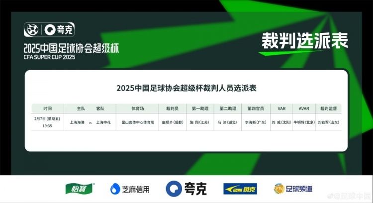  超級杯海港vs申花裁判員名單：主裁判唐順齊，VAR劉威