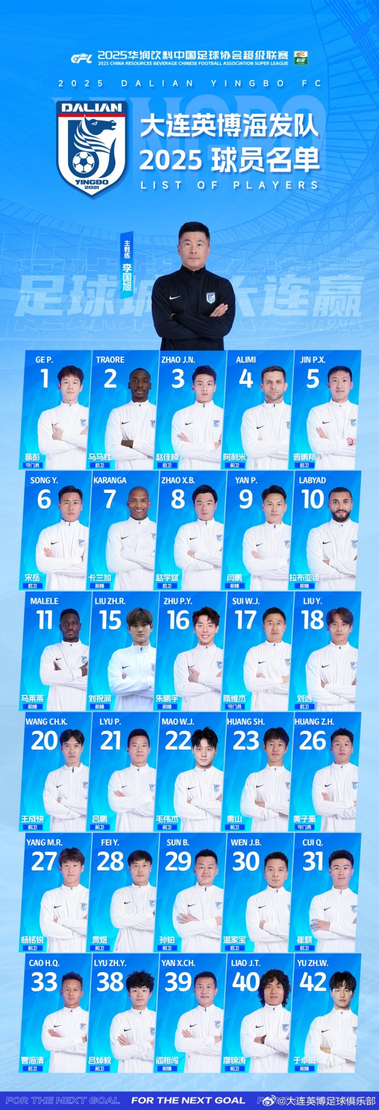  大連英博一線隊(duì)名單：10號(hào)拉布亞德領(lǐng)銜五外援，共30名球員入選