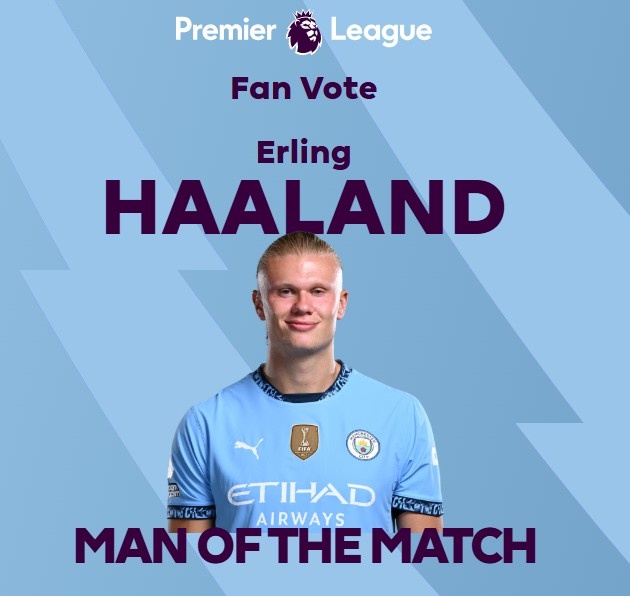  打進(jìn)致勝球！英超官方：哈蘭德當(dāng)選曼城1-0熱刺全場最佳球員