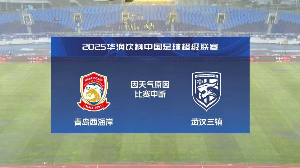  再度中斷！青島西海岸vs武漢三鎮(zhèn)進(jìn)行至18分鐘，因天氣中斷30分鐘