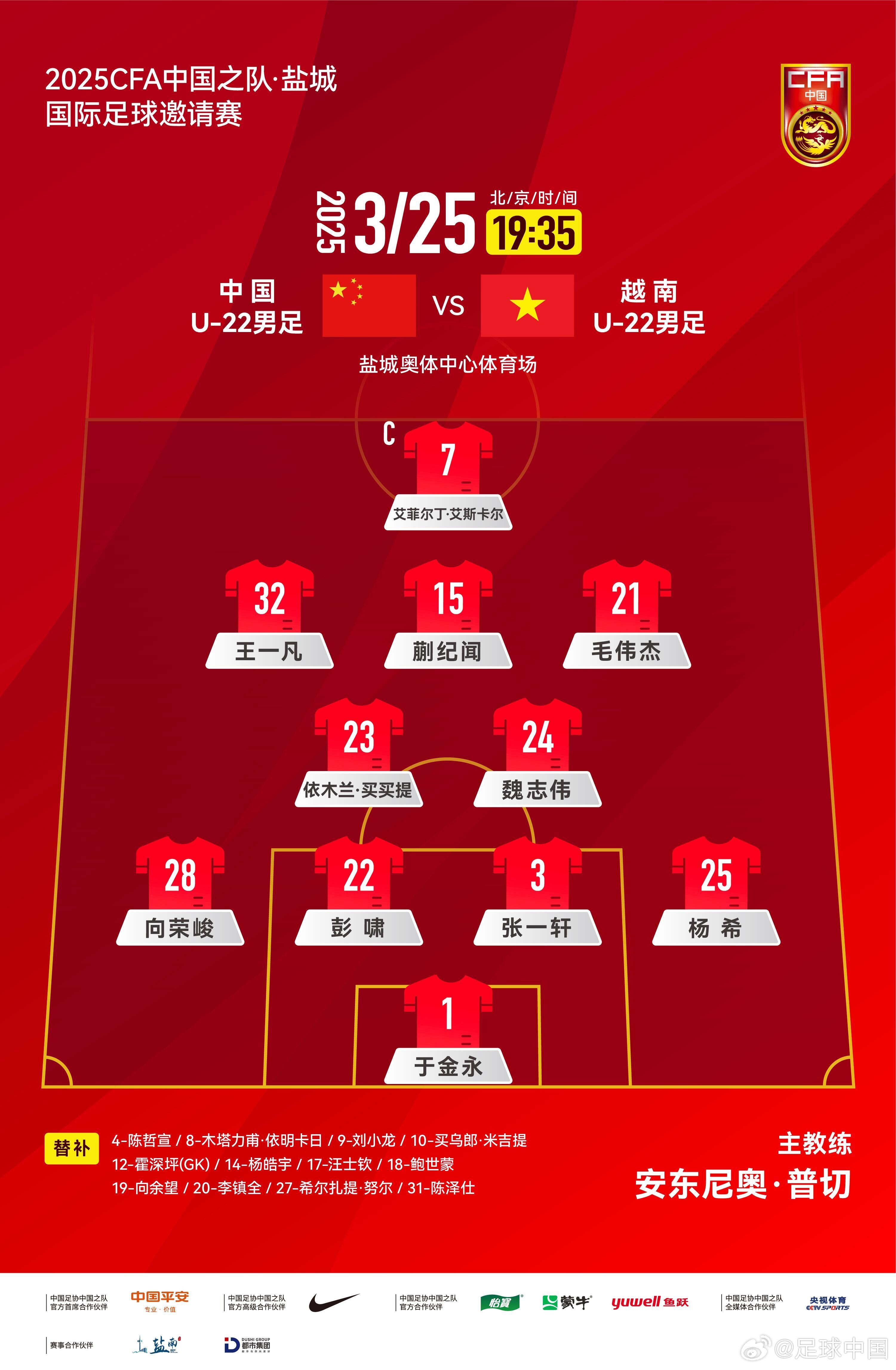  鹽城國(guó)際足球邀請(qǐng)賽中國(guó)U-22男足vs越南U-22男足，中國(guó)隊(duì)首發(fā)陣容